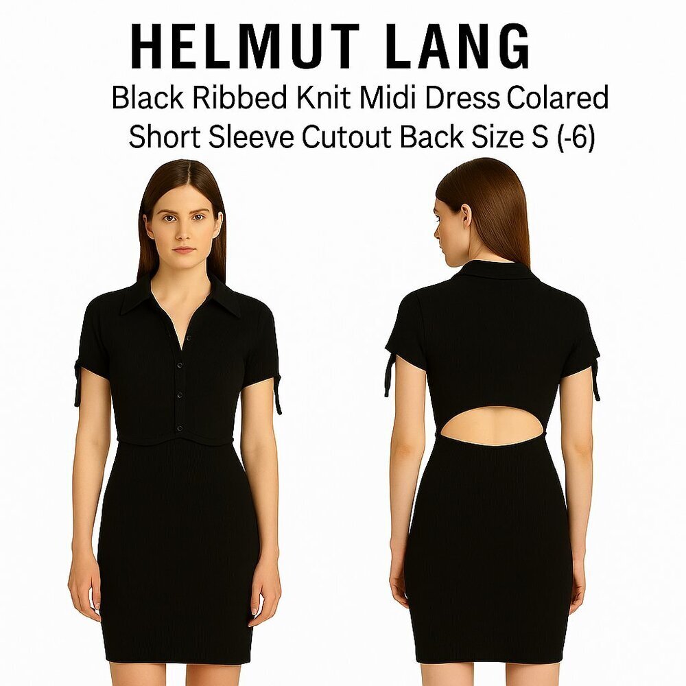 Helmut Lang Black Ribbed Knit Midi Dress Collared Short Sleeve Cutout Back Sz S